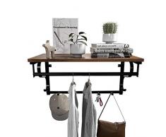 VASAGLE Porte-manteau mural, Étagère murale, Style industriel, avec 5 Crochets, 1 Plateau et 1 Barre de suspension, pour Entrée, Couloir, Salle de bain, Salon, Vintage, Noir LCR11BX