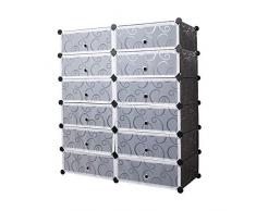 Meerveil Armoire à Chaussures Meuble de Rangement pour 24 Paires de Chaussures 12 Cube Etagère à Chaussures Etagère de Rangement en Plastique 95 * 37 * 107cm Noire et Blanc Imprimée