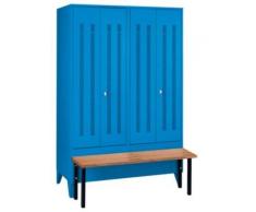 Wolf Vestiaire avec banc frontal, portes en tôle perforée raccourcies - largeur compartiments 600 mm, 2 compartiments - - armoire armoire de vestiaire armoire métallique armoire pour vestiaire armoire universelle armoires armoires de vestiaire armoires