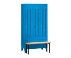 Wolf Vestiaire avec banc frontal, portes en tôle perforée raccourcies - largeur compartiments 300 mm, 3 compartiments bleu clair - armoire armoire de vestiaire armoire métallique armoire pour vestiaire armoire universelle armoires armoires de vestiaire