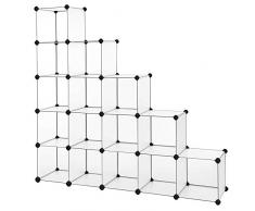 SONGMICS Armoire à Chaussures modulable, en Plastique, Meuble de Rangement, Penderie, 16 Cubes Ouverts, pour Vêtements, Jouets, Sacs, Blanc Semi-Transparent LPC44L