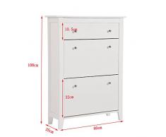 Keinode 3 étages Meuble à Chaussures Organiseur Chaussures Rack Armoire avec tiroirs de Rangement en Bois avec 1 tiroir 2 tiroirs Blanc déroulant 80 cm x 25 cm x 108 cm