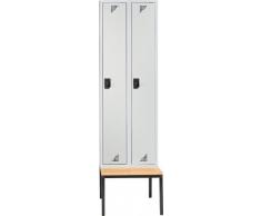 EUROKRAFT Vestiaire avec banc monté en dessous - 2 compartiments, largeur 800 mm - portes gris clair - armoire armoire de vestiaire armoires armoires de vestiaire vestiaire vestiaires Armoire de vestiaire Banc pour vestiaire Bancs pour vestiaires