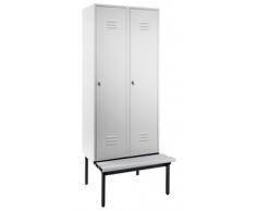 Wolf Vestiaire avec banc monté en dessous, portes en tôle perforée - largeur compartiments 400 mm, 2 compartiments gris clair - armoire armoire de vestiaire armoire métallique armoire pour vestiaire armoire universelle armoires armoires de vestiaire