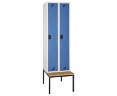 EUROKRAFT Vestiaire avec banc monté en dessous - 2 compartiments, largeur 600 mm - portes bleu brillant - armoire armoire de vestiaire armoires armoires de vestiaire vestiaire vestiaires Armoire de vestiaire Banc pour vestiaire Bancs pour vestiaires