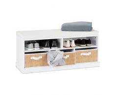 Relaxdays Banc à chaussures, Etagère rangement, Banquette à 3 tiroirs, Meuble entrée, couloir, HLP : 43x95x34,5cm, blanc