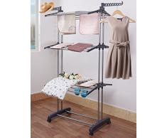 Queen Rose Rail Rack pour Vêtements - 4 niveaux de grande capacité étendoir avec des roues rotatives (Gris)