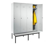 Wolf Vestiaire avec banc monté en dessous, portes en tôle perforée - largeur compartiments 400 mm, 4 compartiments gris clair - armoire armoire de vestiaire armoire métallique armoire pour vestiaire armoire universelle armoires armoires de vestiaire