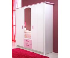 Armoire 3 portes Blanche et Rose pour Chambre Fille, L 136 x H 181 x P 56 cm -PEGANE-