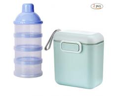 Doseuse à Poudre de Lait,Xiuyer Distributeur de Lait en Poudre avec 4 Compartiments & Portable Récipient de Formule/Collation pour Bébé avec Cuillère Boîte à Nourriture pour Enfants(Bleu et Vert)