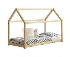 [en.casa] Lit Enfant Design Maison Cadre Structure Lit Bois Blanc Cabane 206 x 98 x 142 cm Couleur Bois Naturel