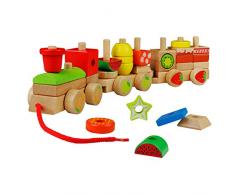 yoptote Trains et Fruit Formes à Empiler en Bois Chariots à Plusieurs Figures Géométriques Jouet à Tirer Educatif pour Enfants
