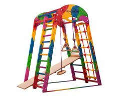 RINAGYM Aire de Jeu - Terrain de Jeu Intérieur en Bois Enfants 1 à 5 Ans et Plus, Maison, École - Filet à Grimper, Échelle Suédoise, Anneaux, Toboggan - Cadre Sûr en Bouleau - Capacité 60 kg