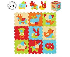 LUDI – Tapis de sol épais pour l’éveil de bébé – 10005 - puzzle géant aux motifs Animaux – dès 10 mois – lot de 9 dalles en mousse multicolores et 51 éléments pour tapis de jeu.