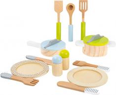 Small Foot 11098 Service de table et lot de casseroles en bois enfants, complément parfait à toute cuisine de jeu, 15 pièces Jouets, multicolore