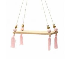 Jeteven Étagère Murale Enfant Éagère Décorative à Suspendre avec Corde et Planche en Bois Style Nordique Forme Balançoire 40 x 15 x 1.5cm Rose