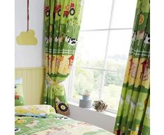 Happy Linen Company Rideaux à tête Fourreau plissée - Enfant - Motif Vie à la Ferme - Vert/Jaune - 168 x 137 cm