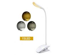 [Lumière Blanc Chaud et Froid] TOPELEK 15 LED Lampe de Lecture Clipsable Tactile, Lampe de Bureau Rechargeable USB Câble, 3 Températures de Couleur et Luminosité Réglables pour Lit, Enfant, Lecture