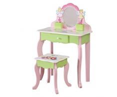 WODENY Ensemble de Coiffeuse pour Enfant avec Coiffeuse et Chaise et Tabouret - Accessoires de Maquillage - Miroir avec Rangement en Bois - Rose