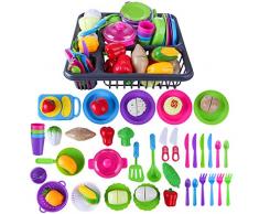 Yvsoo Dinette Enfant, Lot de 48 Ustensile de Cuisine Enfant avec Égouttoir pour Anniversaire Noël