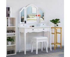 Meerveil Coiffeuse avec Tabouret-Blanche-Mirroir-Bois-Femme Table de Maquillage en MDF avec 4 Tiroirs et 3 Miroirs Tournable, Pieds Stable, pour Femme ou Enfant