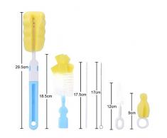 Fdit 6Pcs Brosse à Biberon Bouteille Ensemble Costume Bébé Nipple Cleaner Kit Flexible Rotatif Éponge Tête Kit de Nettoyage(Bleu)