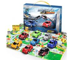 lenbest 8 Pcs Friction véhicules Coffret, 10 Panneaux de signalisation routière, Jouet pour Enfant de Petites Voitures Miniatures Voiture