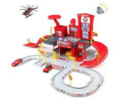 Symiu Garage Voiture Enfants Circuit Cars Jouet Assemblage Jeu dImitation Jouet Garage Voiture pour Enfant 3 4 5 Ans avec Hélicoptère Camion de Pompier 76 * 27 * 50 cm