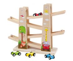 Jouet en Bois pour Bébé/Enfant, Jouet de Voiture - Rampe de Course de la Forêts - Circuit Zig Zag avec Parking 4 * Voitures,Jouet Educatif comme Cadeau pour Tout-Petits.
