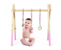 Costway Portique d’Eveil, Arche de Jeux pour Bébé en Bois avec Jouets, Centre dActivité Pliable, Cadeau de Naissance, 4 Couleurs Nature/Vert/Gris/Rose (Rose)