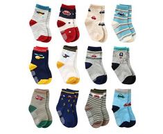 12 Paires de Chaussettes de Non-dérapage de Garçon dEnfant en Bas âge de Coton Mignon Avec des Poignées, Chaussettes Anti-dérapantes de Bébés de Garçons (12 paires avion et voiture, 3-5 ans)