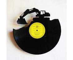 décoration murale, horloge ou miroir vintage disque vinyle découpé 33T 100% fait main modèle pelleteuse, travaux, batiment, véhicule