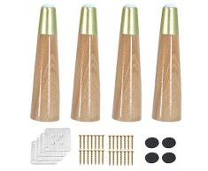 4 Pieds de Canapé en Bois,Jambe de Support Meubles,Pattes de Rechange,Pour les Meubles de Bricolage/Causeuse/Coiffeuse/lit/TV/Chaise/Pouf,Cône,Noyer,Base en Laiton,Avec Vis,8-18cm(vertical18cm)