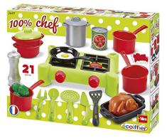 Jouets Ecoiffier – 2649 - Dînette Réchaud 100 % Chef – Ustensiles, vaisselle, aliments - 21 pièces – Dès 18 mois – Fabriquée en France