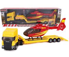Toyland® - Transporteur à plat Scania avec hélicoptère - Échelle 1:48 - Roue libre - Jouets pour véhicules de transport - Articles de collection pour véhicules - Jouets pour garçons (Camion jaune / hélicoptère rouge)