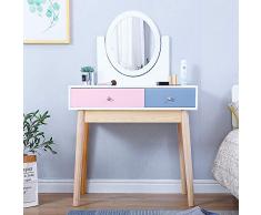 Coiffeuse, Table de Maquillage avec Miroir pivotant à 360°, Tiroirs Roses et Bleus, pour Chambre/Hôtel/Dressing/Salon de Beauté (Rose-Bleu, 80x40x125cm)