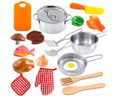 Toyssa Accessoire Cuisine Enfant Ustensile de Cuisine avec Casseroles et Poêles en Acier Inoxydable Aliment Cuisine Jouet Jouet Simulation Anniversaire Cadeaux pour Enfant Garçon Fille