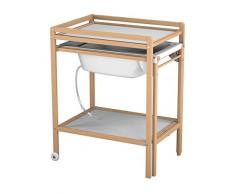 AT4 Table à Langer à Roulettes avec Baignoire Vernis Naturel