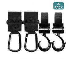 Crochets Poussettes Clips Mousquetons pour Accrochez vos Achats, Sacs et Cabas sur un Landau. Universel, Noir, Pack de 4, Accessoire Poussette