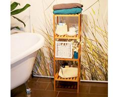 Relaxdays Étagère 4 niveaux en bois naturel Rangement HxlxP : 110 x 33 x 33 cm pour Salle de bain ou cuisine en Bambou meuble colonne sur pied 4 niveaux couloir cave jardin, nature