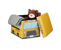 Relaxdays 10020376_548 Coffre à Jouets Boîte à Jouets Pliant Tabouret Pouf Enfant Pliable Faux Cuir Bus Ecole 32 x 42 x 32 cm