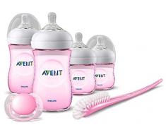 Philips Avent SCD301/03 Kit Nouveau-né , 2 Biberons 260ml + 2 Biberons 125ml + 1 Sucette + 1 Brosse Natural Rose