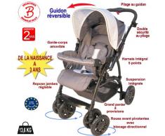 Poussette bébé 4 roues combiné 2en1 (poussette+siège auto Groupe 0+) - Guidon réversible - Coloris : gris, bleu