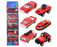 T.H. 6 Pcs Véhicule de Camion de Miniature Metal Jouet Voiture de Friction pour Enfant 3 Ans et Plus (Camion de Pompier)