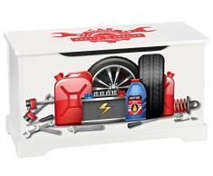 Coffre à Jouets En Bois Motif Sport Car Station Dessence Récipient Pour Les Jouets, Banc à Rangement, Children Coffre à Jouet Excellent Qualité Coloris Blanc