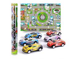 Voiture Jouet Enfant - 6PCS Friction Véhicules Coffret avec La Carte Routière et Carte du Jeu Colorée Voiture de Course pour Garçons Filles 3 4 5 Ans