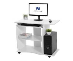 Songmics 90 x 50 x 75 cm MDF Bureau Informatique avec 4 Roulettes Tablette Clavier Meuble de Bureau blanc LCD751W