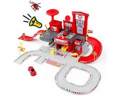 Nuheby Garage Voiture Enfants Caserne Pompier Jeux de Construction 3 4 5 an Fille Garcon, Jeu dimitation Parking Coffret Jouet de Fête Cadeau - 1 Hélicoptère et 2 Mini Voiture