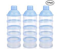 Manyo 3 Pcs Boîte Doseuse Lait Poudre, Boîte Doseuse- 5 Compartiments, sans BPA, Transparent (Bleu)