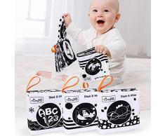 TUMAMA Livres en Tissu Doux pour bébés,Jouets pour Nouveau-nés,Livre froissé Noir et Blanc avec des Animaux,Fruits,Nombre,Forme,Jouet dapprentissage des Lettres pour bébé,Tout-Petits(3 Paquets)